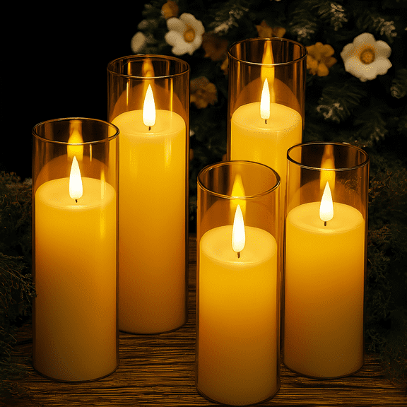 Goyuon Gold Cylinder Flameless LED Candles with Remote Control, Timer and Realistic Flickering Flame, 5 Pack