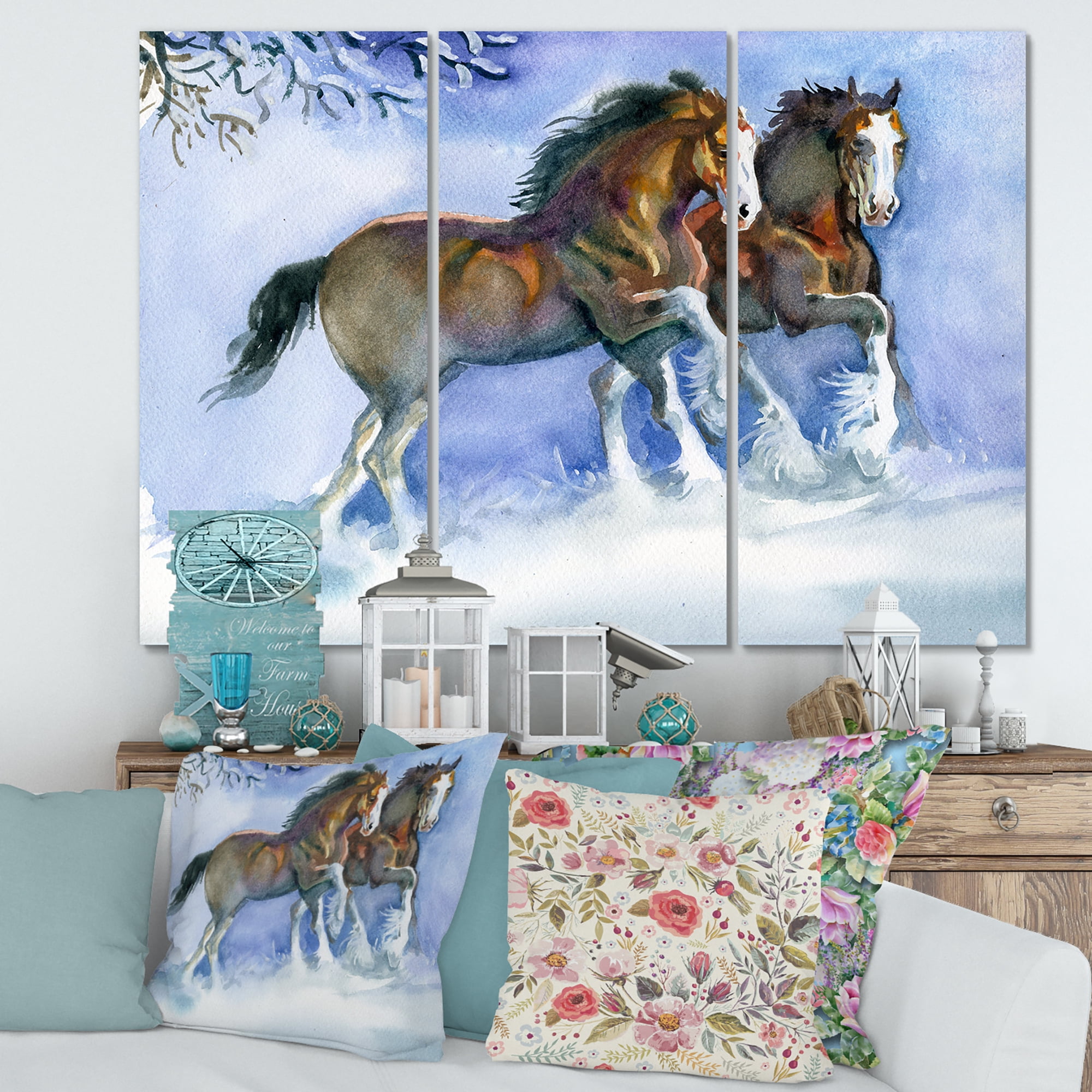 Horses Running In Winter On Blue 28 in x 36 in Painting Canvas Art Print, by Designart