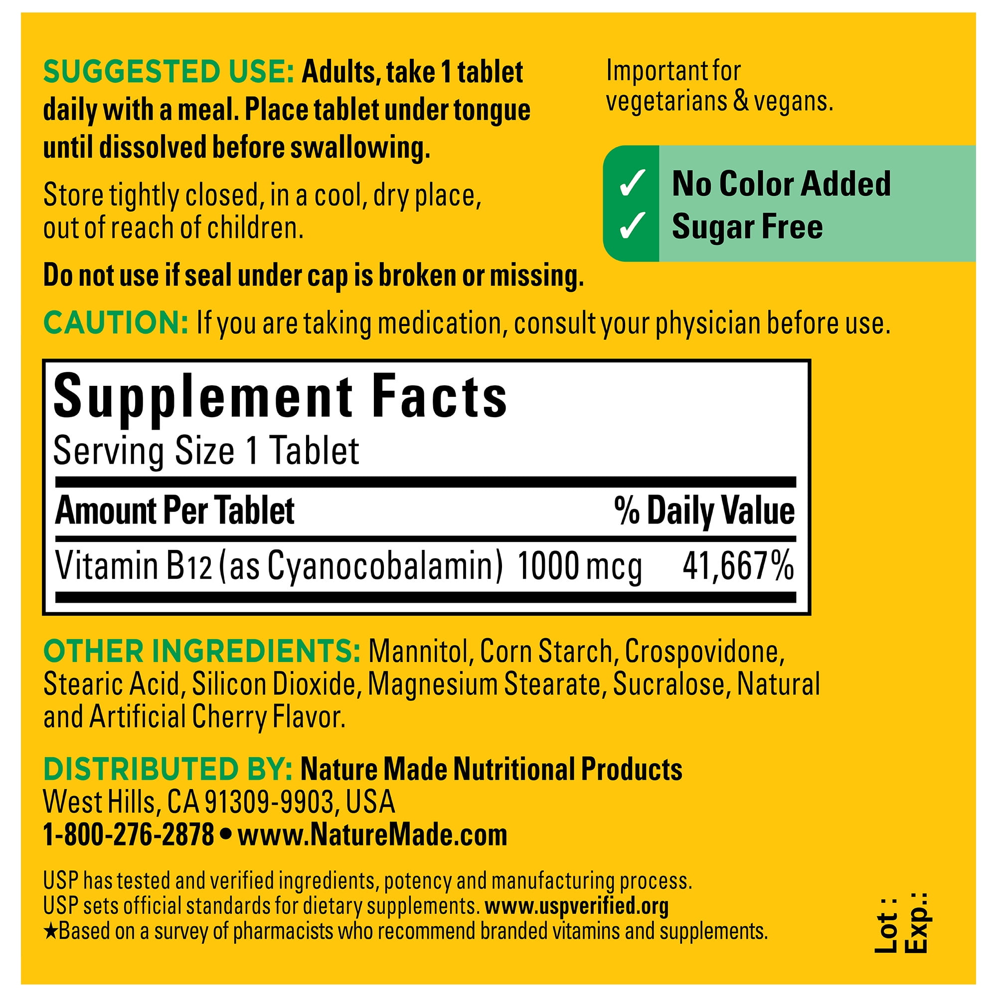 Nature Made Vitamin B12 Sublingual 1000 mcg Sugar Free Fast Dissolve Tablets, 60 Count