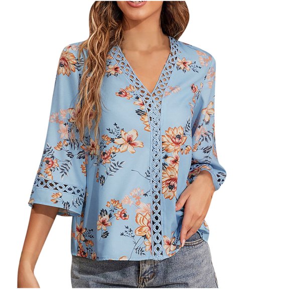 Womens Clearance asdoklhq Juniors Plus Tops & T-Shirts, Women's Summer Casual V Neck Short Sleeve Printing Lace Stitching Tops Pullover Blouse