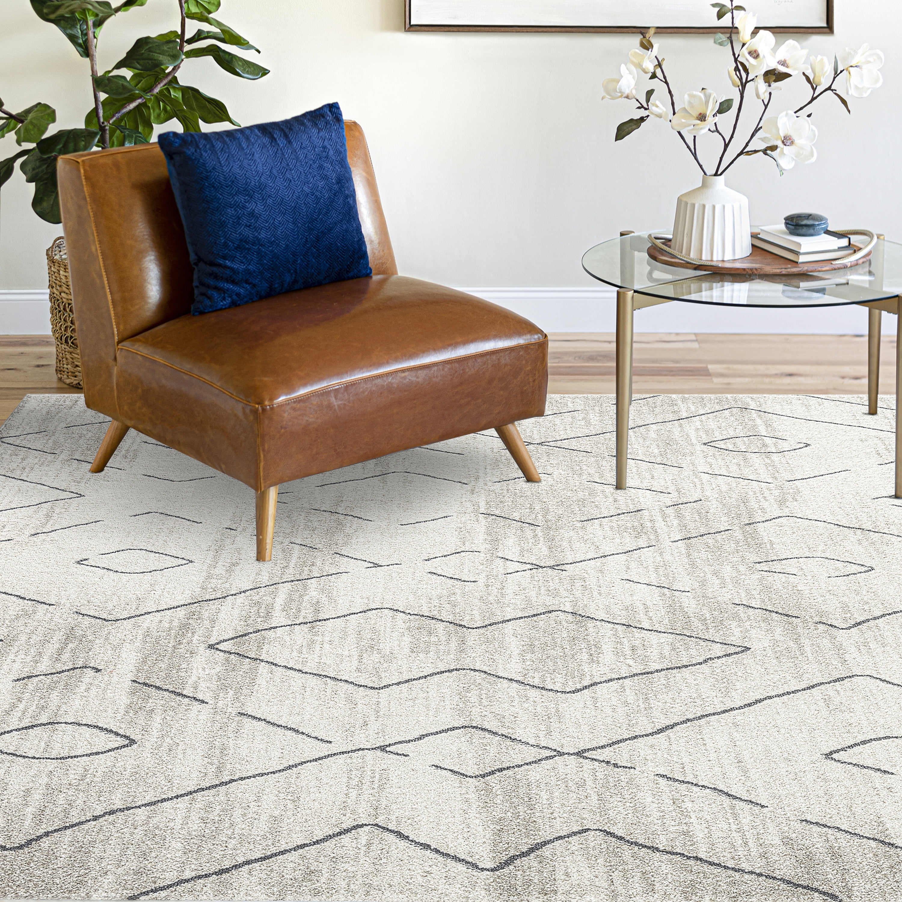 Contemporary 9x12 Area Rug (8'10'' x 12'2'') Geometric Cream, Gray Living Room Easy to Clean