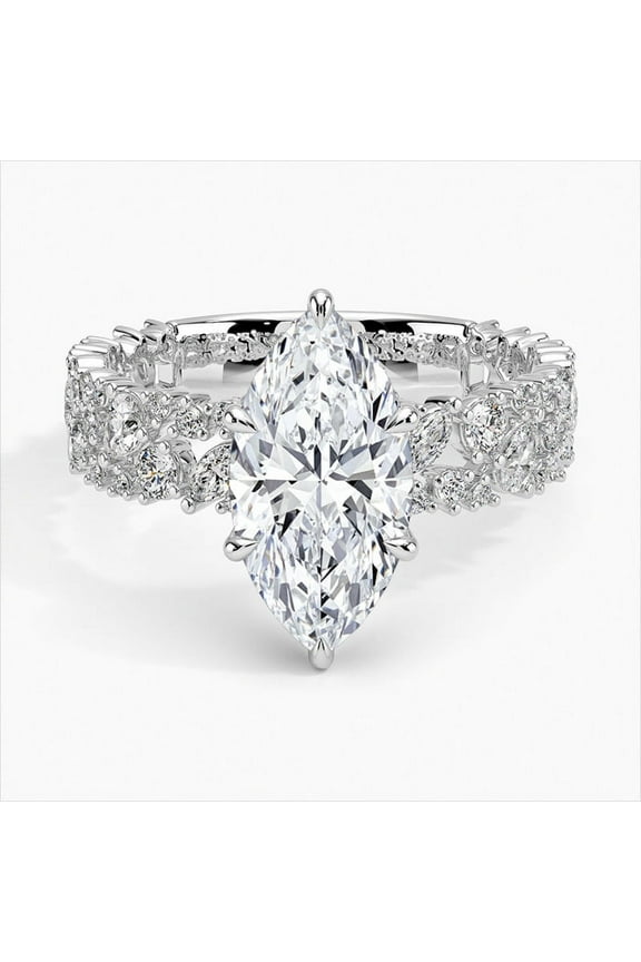 Cluster Diamond Rings - 2.1 Ct VVS1/D Marquise Cut Lab Created Simulated Diamond Ring - Silver 14K White Gold Over Ring - Multi Diamond Rings for Her - Engagement Wedding Diamond Ring