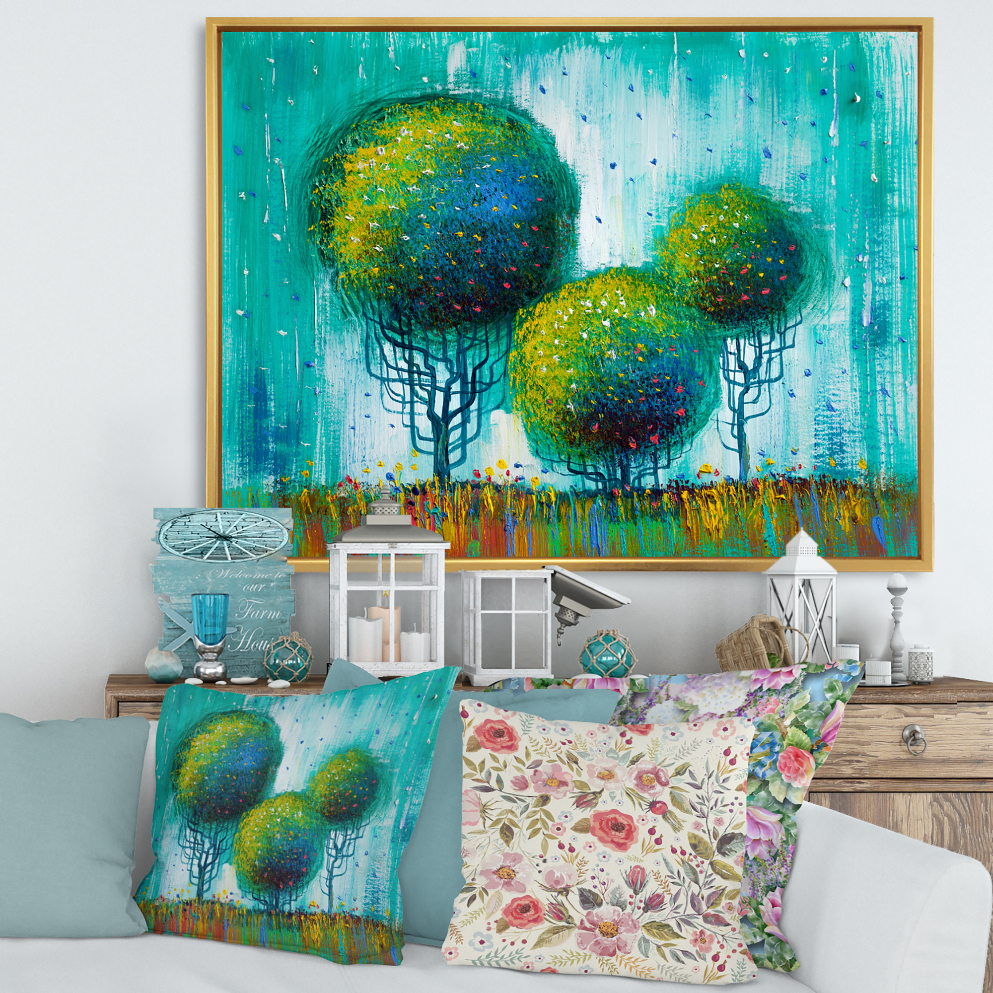Designart 'Colourful Landscape Trees Impressionist II' Modern Framed Canvas Wall Art Print