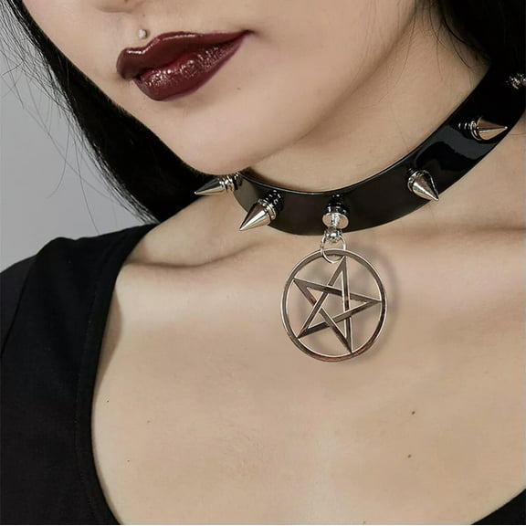 GKNET Women's Gothic Metal Spike Studded Leather Pentagram Choker Collar Punk Necklace