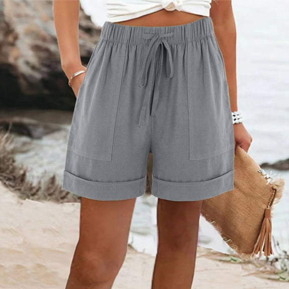 Blmnix Gray Shorts for Women Casual Loose High Cotton and Linen Pocket Solid Bermuda Beach Ladies Pants