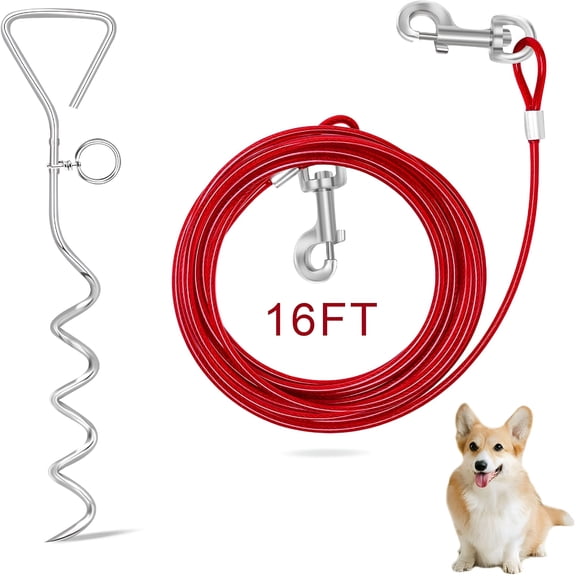 BESTSKY Dog Tie Out Cable and Stake,16Ft Outdoor Dog Stake for Yard Training,Running,Hiking,Camping,16 Inch Heavy Duty Dog Anchor Spiral Stake for Small to Medium Dogs