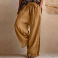 thumbnail image 4 of WULMLEO Womens Wide Leg Linen Pants Summer Boho Flowy Elastic Waist Trousers Baggy Side Slit Fringed Hem Bottoms with Pockets Khaki S, 4 of 5