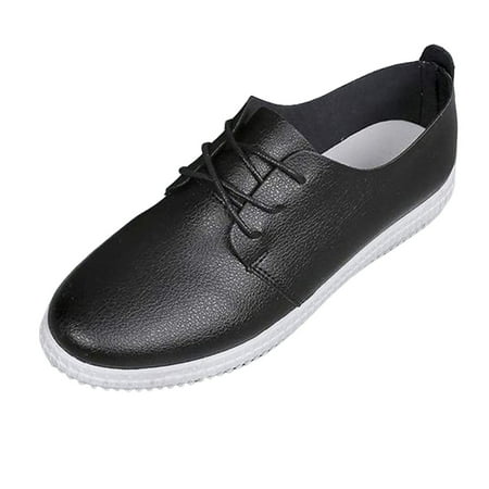 

ZAROYEAX Ladies Fashion Solid Color Leather Round Toe Lace Up Comfortable Flat Bottomed Casual Shoes