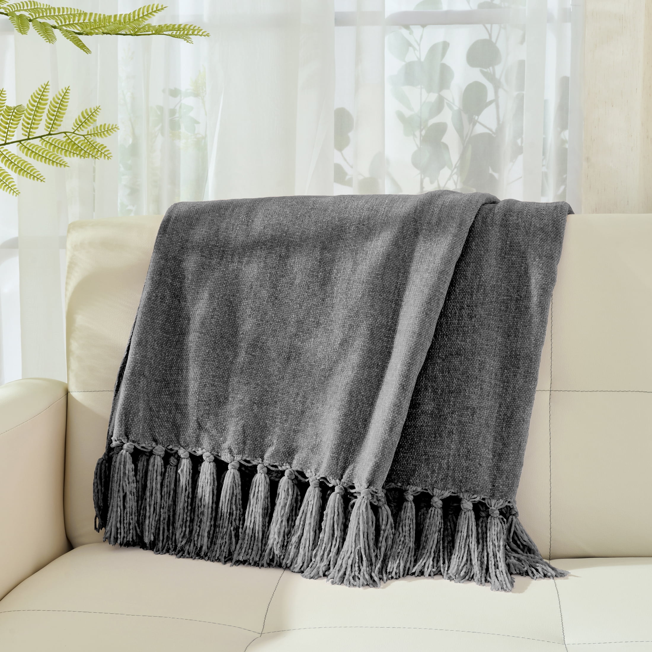LONG CREATE Chenille Throw Blanket with Fringe Tassel for Couch Sofa Chair Bed, Dark Grey 50" x 70"
