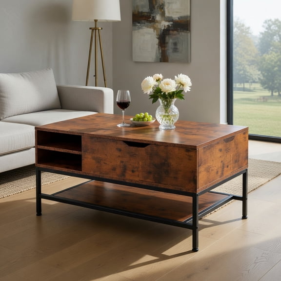 Spaco Lift Top Coffee Table with Hidden Compartment and Removable Storage Shelf-Rustic Brown, Tea Table