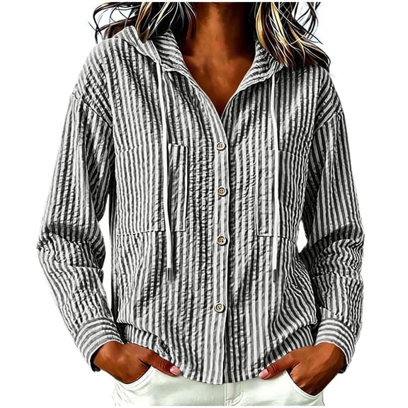 MaFYtyTPR Women Striped Hoodies Fashion Button Long Sleeve Casual Blouse Sun Protection Hooded Top for Women A-Black L