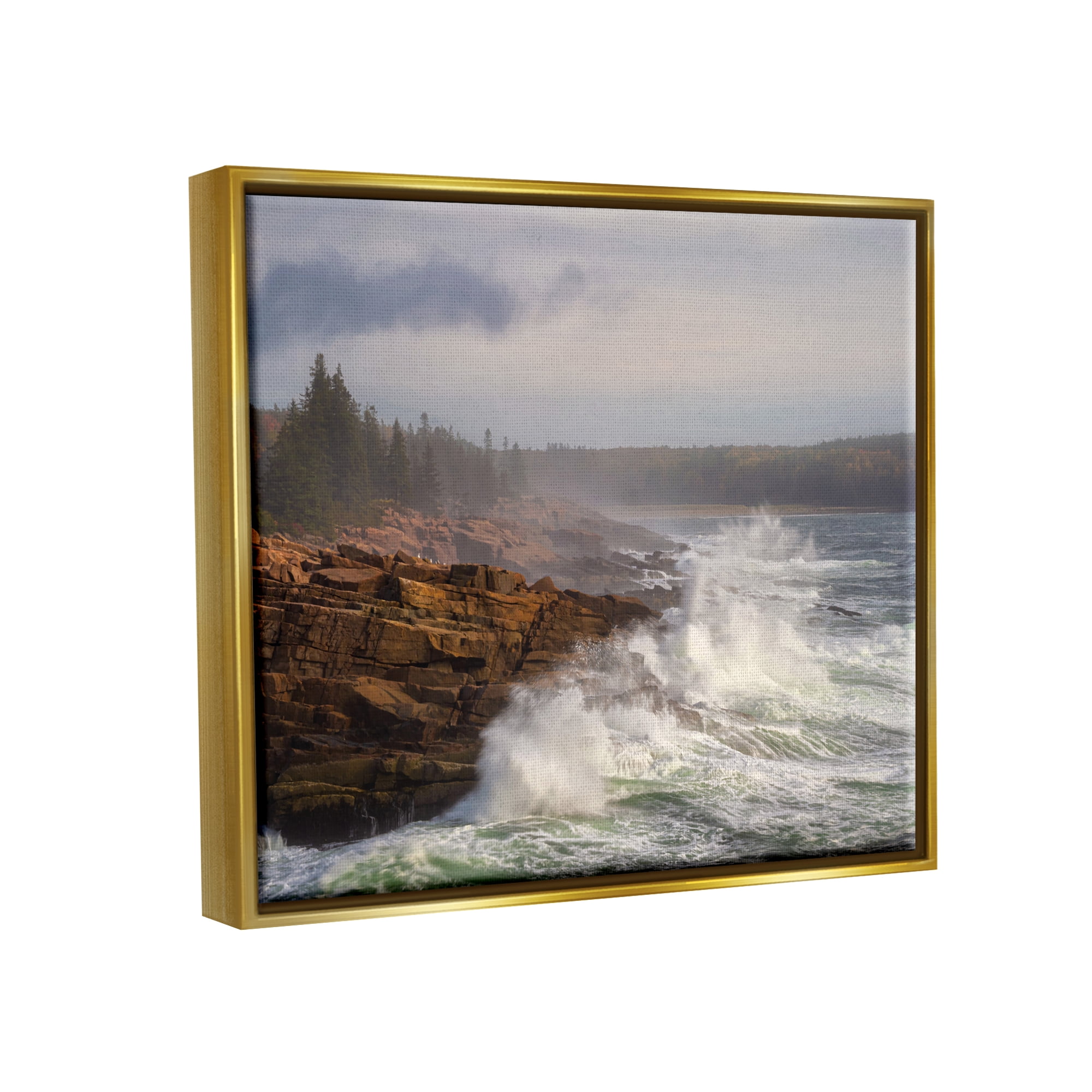 Stupell Industries Rough Waves on Cliff Landscape Photography Gold Floater Framed Canvas Art Print Wall Art, 31 x 25