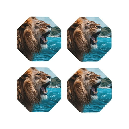 

Matuu Ice Blue Coastal Lion for Cup Coasters Set of 4 Leather Coasters Desk Coasters for Office Measures 4” x 4”-Octagon