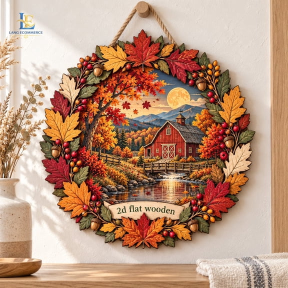 Fall Cottage Wreath Autumn Maple Leaf Wooden Door Hanger Rustic Front Door Decor for Thanksgiving