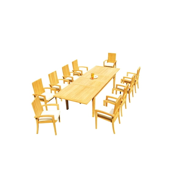 Grade-A Teak Dining Set: 10 Seater 11 Pc: 122" Atnas Rectangle Table And 10 Goa Stackng Arm Chairs Outdoor Patio WholesaleTeak #51GO2811