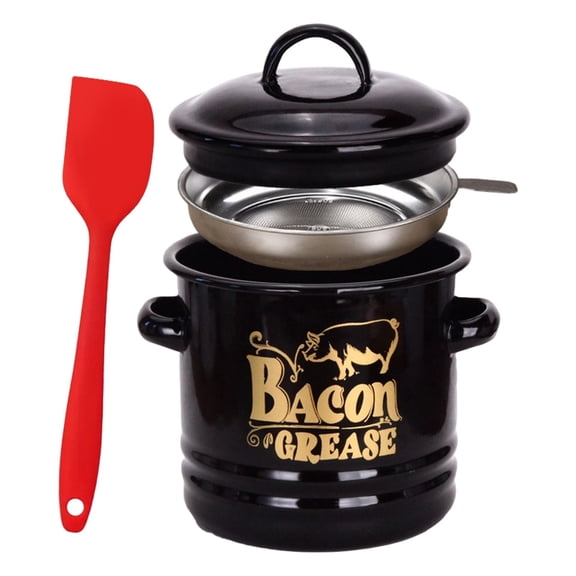 46 Oz Bacon Fattening Container, 2026 New Bacon Grease Container With Strainer & Food-Grade Silicone Spatula, Grease Trap Jar, Grease Container For Kitchen Storing Frying Oil & Cooking Grease (Black)