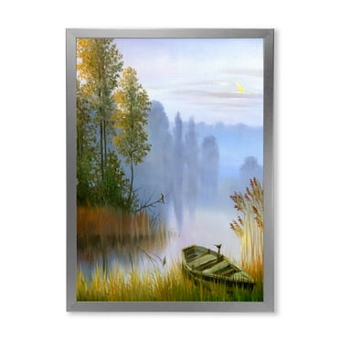 Designart 'The Bank Of The Lake With The Boat' Traditional Framed Art Print