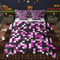 Manfei Abstract Pixel 7-Piece Twin Bedding Sets,Minimalism Geometric Checkered Bedding Comforter Set,Pink Black Sheet Sets For Girls Boys,Super Cozy Room Decor Reversible