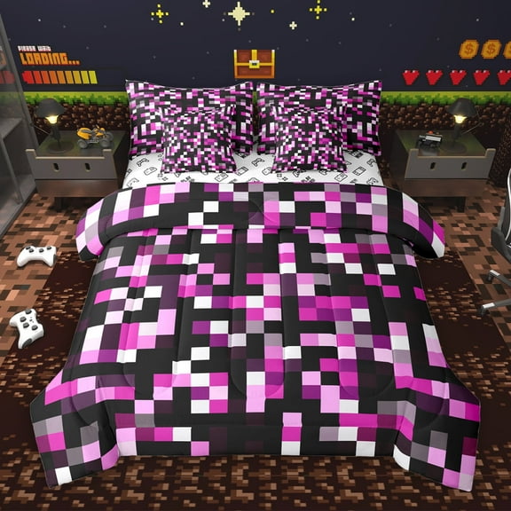 Manfei Abstract Pixel 7-Piece Twin Bedding Sets,Minimalism Geometric Checkered Bedding Comforter Set,Pink Black Sheet Sets For Girls Boys,Super Cozy Room Decor Reversible