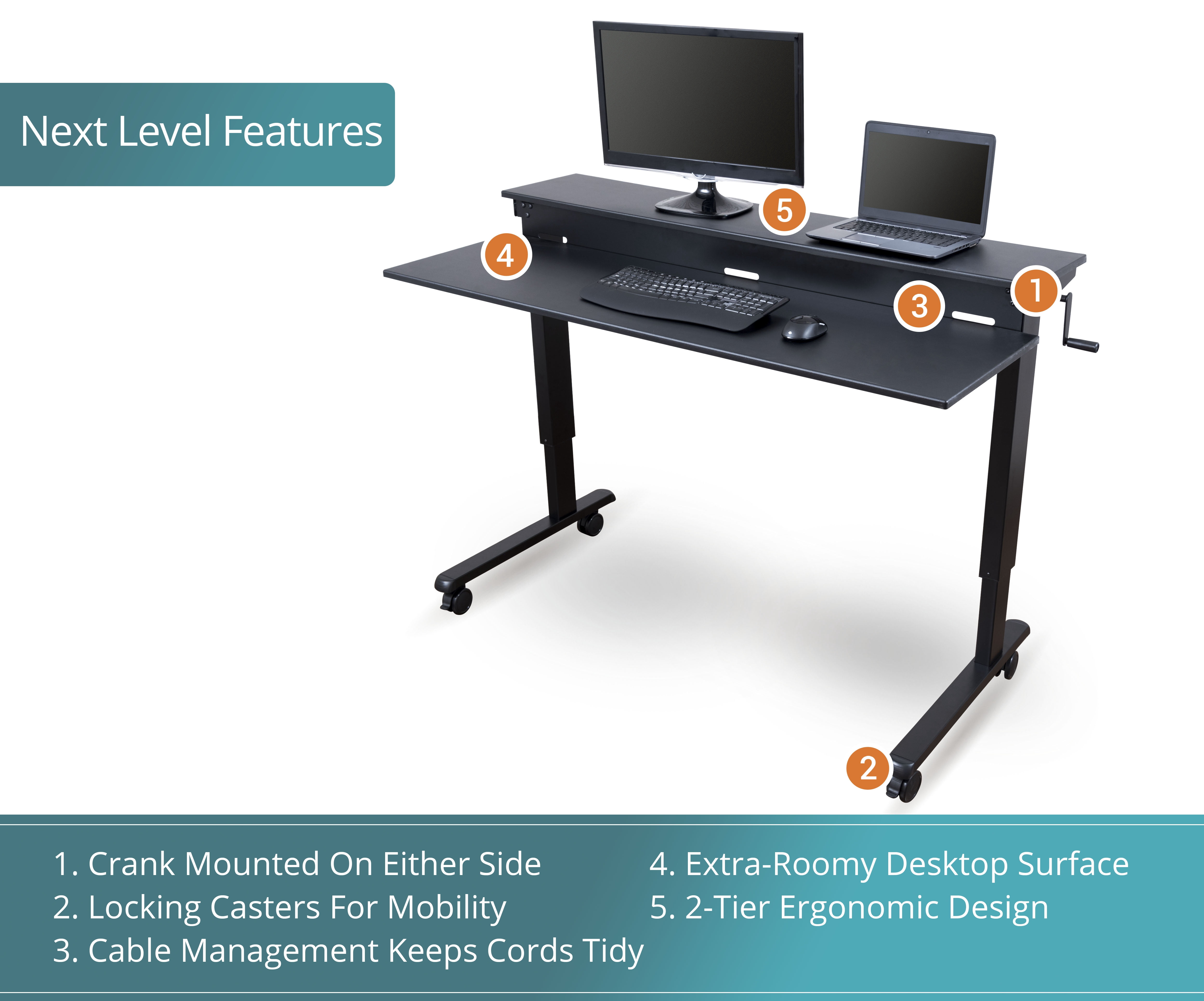 Stand Up Desk Store Crank Adjustable Two Tier Standing Desk with Heavy Duty Steel Frame (Black Frame/Black Top, 48" Wide)