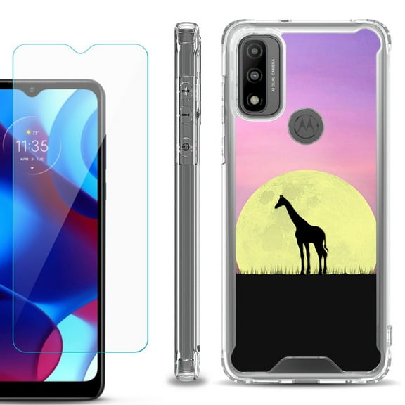 Shockproof Bumper Phone Case for Motorola Moto G Pure, with Tempered Glass Screen Protector, by OneToughShield ® - Moonlight Giraffe