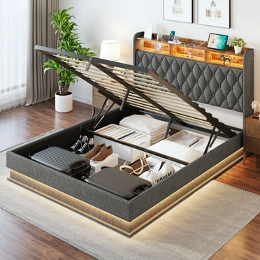Full Bed Frame with Storage - Lift Up Full Size Bed Frame with Headboard, Upholstered Platform Bed with LED Lights & Charging Station, Hydraulic No Box Spring Needed Wood Slats Support, Grey