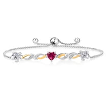 Gem Stone King 925 Silver and 10K Yellow Gold Lab Grown Diamond and Red Created Ruby Bracelet for Women | 1.51 Cttw | Gemstone April Birthstone | Heart Shape 5MM | Fully Adjustable 9 inch