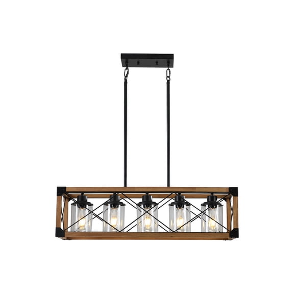 32" Walnut Industrial Farmhouse Rectangle Pendant Light, 5-Light Chandelier with Lampshades for Dining Room, Kitchen Island, Cafe Decor (No Bulbs)
