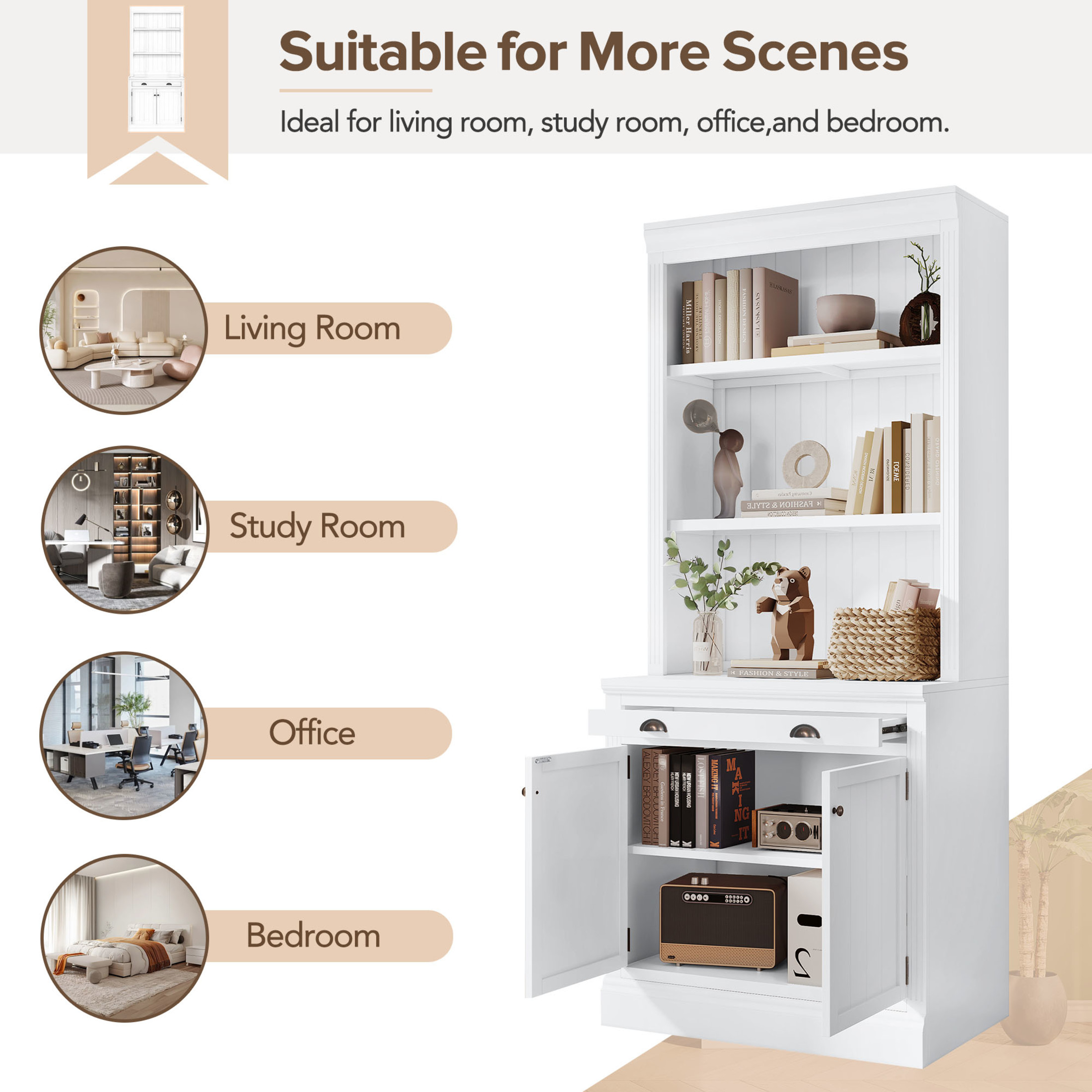 GDF Studio Caldon 83.4" Bookshelf with LED Lighting, Drawers & Panel Doors, Modern Bookcase for Home Office, White