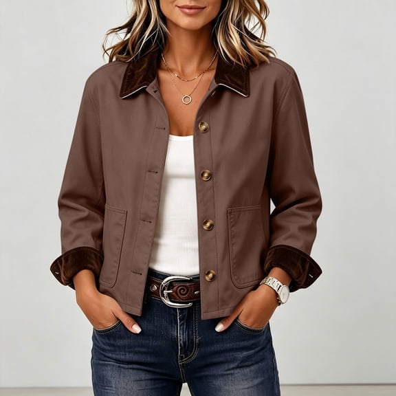 Aaihamo Women's Fall Winter Collared Jackets Long Sleeve Button Down Shacket Casual Basic Oversized Coat Outerwear for Office Work Daily Wear, Brown L