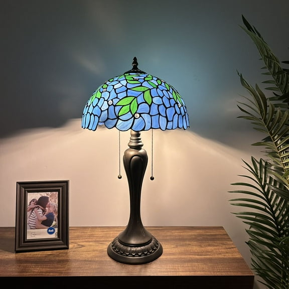 Tiffany Table Lamp Blue Stained Glass Green Leaves LED Bulbs Included Vintage For Living Room Bedroom Bedside 12"W*12"D*22"H