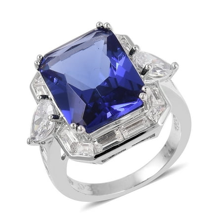 - Silvertone Blue Glass White Cubic Zirconia CZ Statement Ring for Women Cttw 14.7
