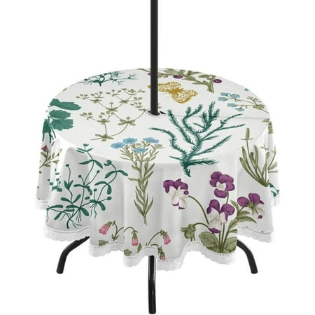 

Hyjoy Herb Wildflower Round Tablecloth with Zipper Umbrella Hole Waterproof Washable Polyester Fabric Table Cover for Outdoor Patio Garden Party 60 Inch