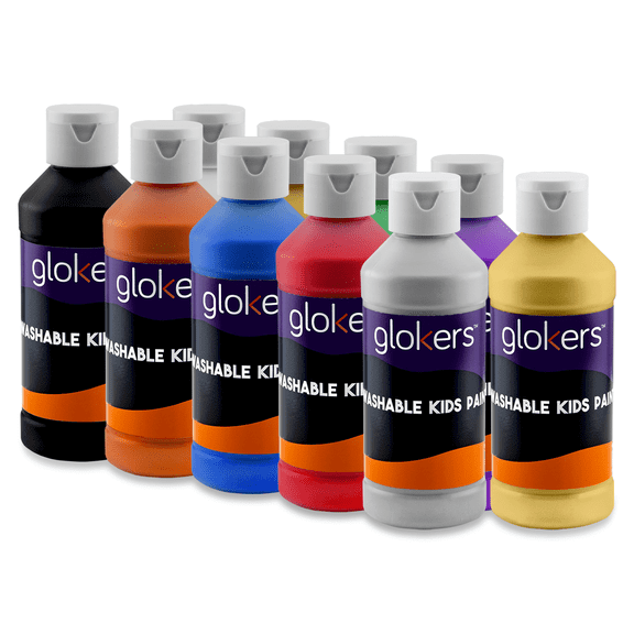 Glokers 10 Colors Washable Tempera Paints - 8-Ounce Bottles of Bold, Vibrant Non-Toxic Kids Paints - Great for Finger Painting - Made in USA