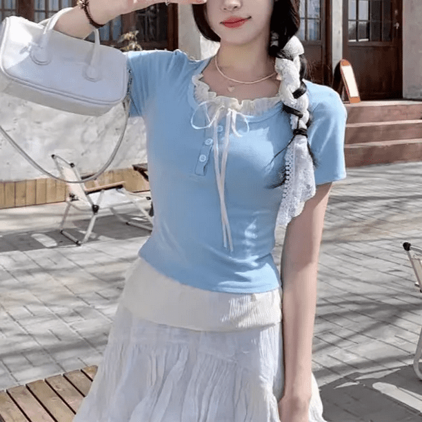 Tops de manga corta estilo tweed de dos piezas con ilusión Ropa de mujer Verano Petite Adelgazante Top versátil Sensibility Niche