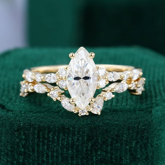 TAAPSEE JEWELS Marquise Cut CZ 14K Yellow Gold Finish Engagement Wedding Bridal Ring Set