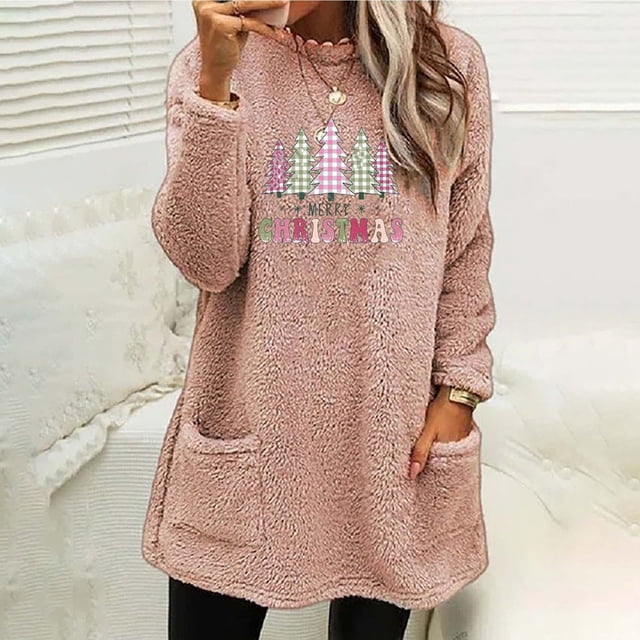Qertyioot Chandails de Noël à Col Rond pour Femmes, Blouse à Manches Longues avec Poche Imprimée Ample pour l'Hiver