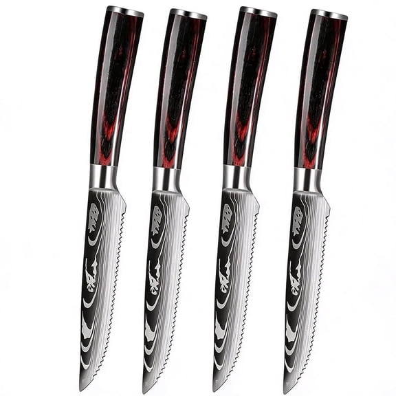 TVQUYET Serrated Steak Knives Set of 4 Wooden Handle Hight Carbon Stainless Steel Damascus Laser Meat Cutting Knife Kitchen Dinner Knife