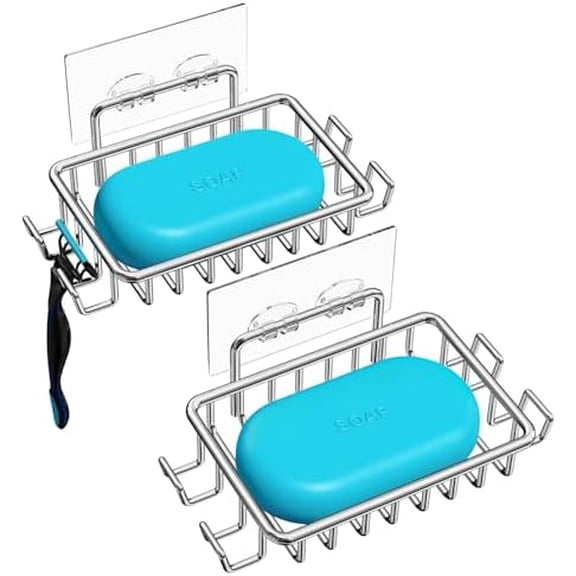 Soap Dish,Bar Soap Holder for Shower Wall with 4 Hooks Stainless Steel Adhesive Soap Dish for Bathroom Shower Razor Holder (Silver)