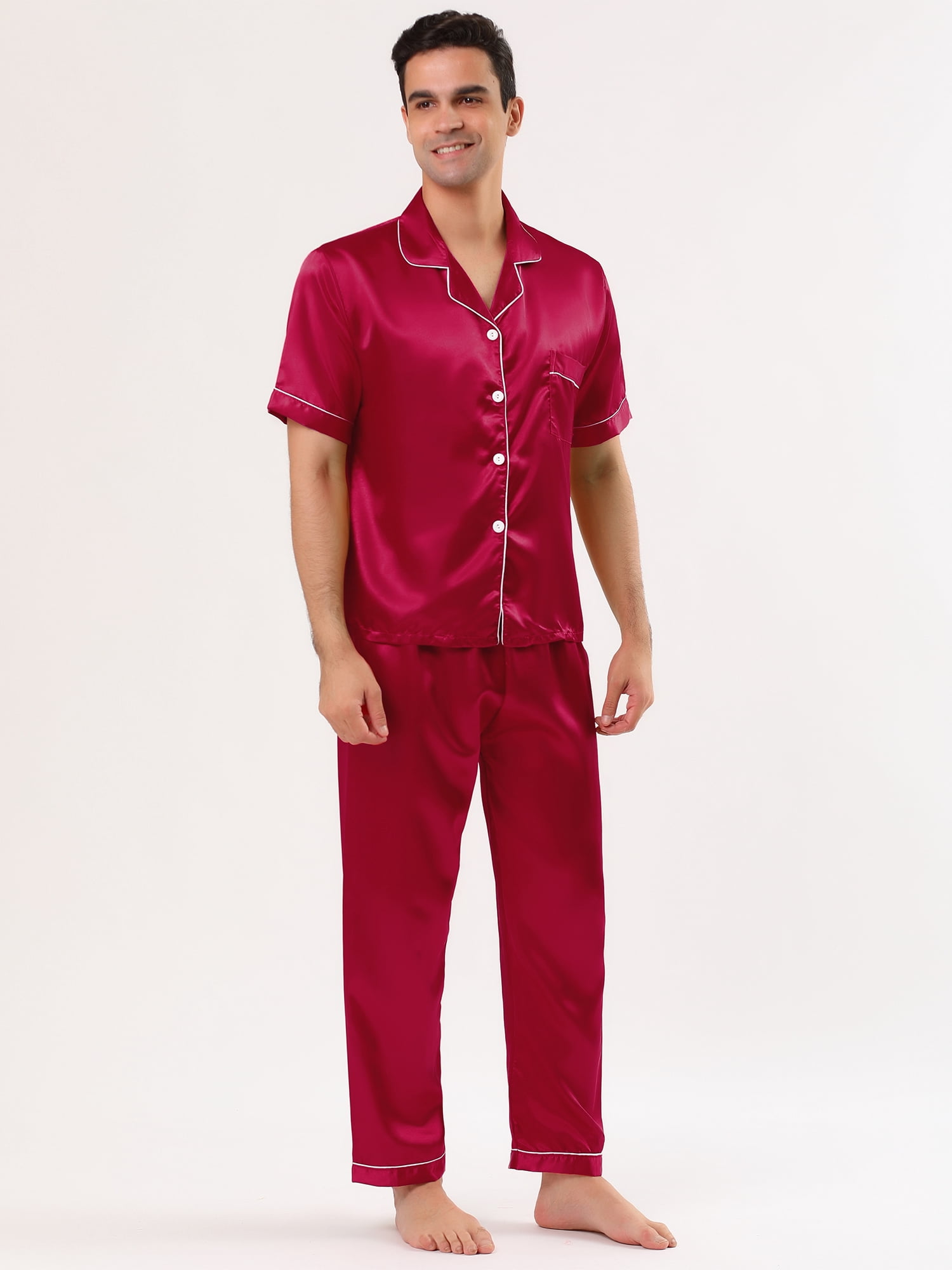 Unique Bargains Men's Button Down Satin Pajama Sets Short Sleeves Nightwear Small Burgundy