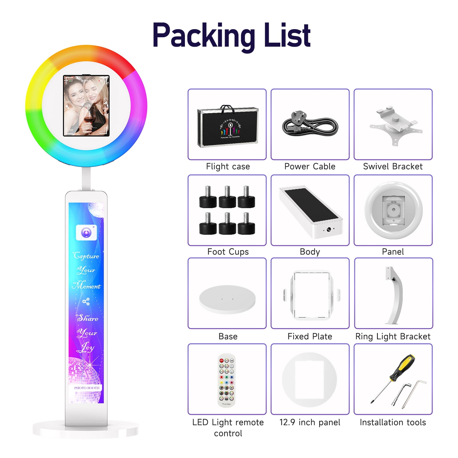MWE Photo Booth Stand for ipad 12.9'' 10.9'' 10.2'' with Ring Light Software APP and Remote Control, RGB Lights Music Sync, Flight Case,White