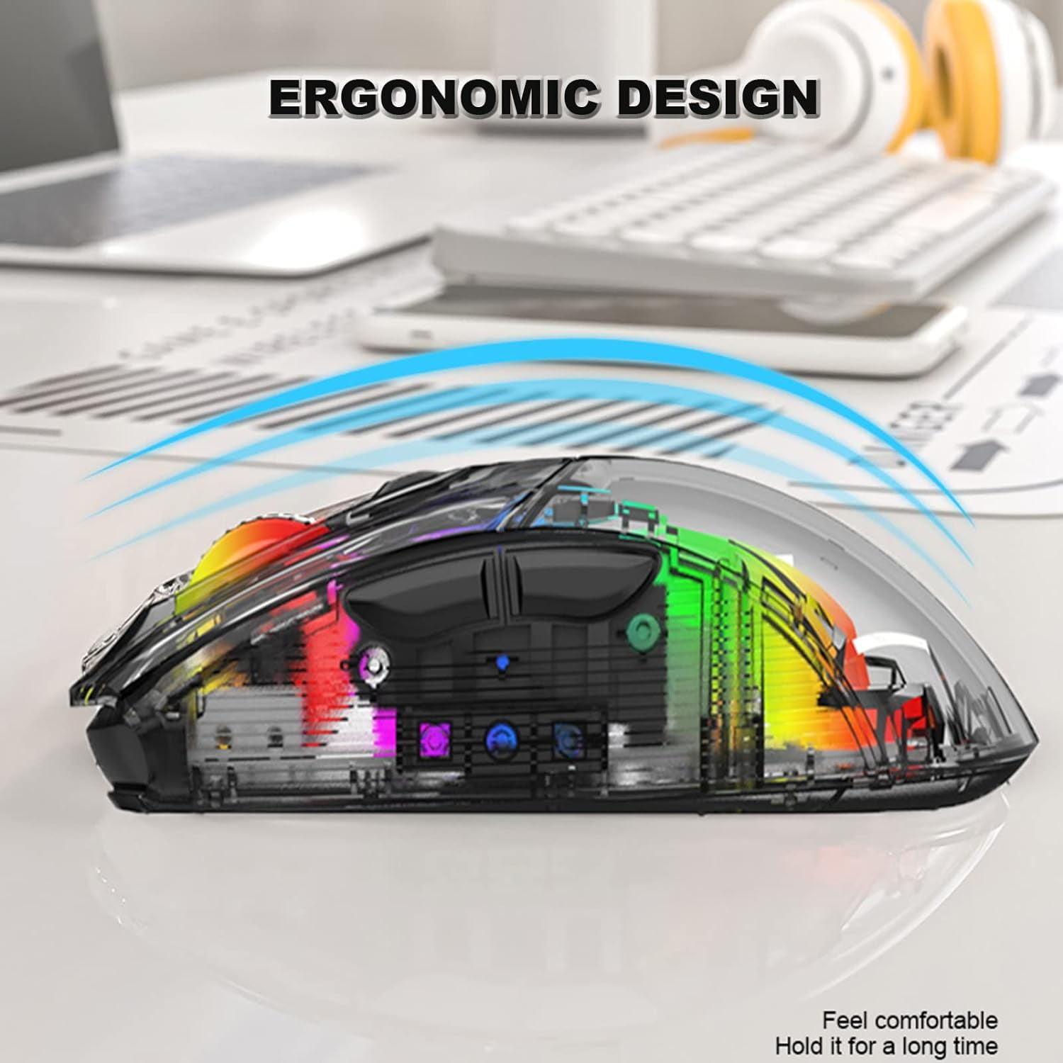 Bluetooth Wireless Gaming Mouse, Transparent RGB Dual Mode Mouse, 2.4G USB Cordless Mechanical Mouse for PC Laptop Computer Gamer Office