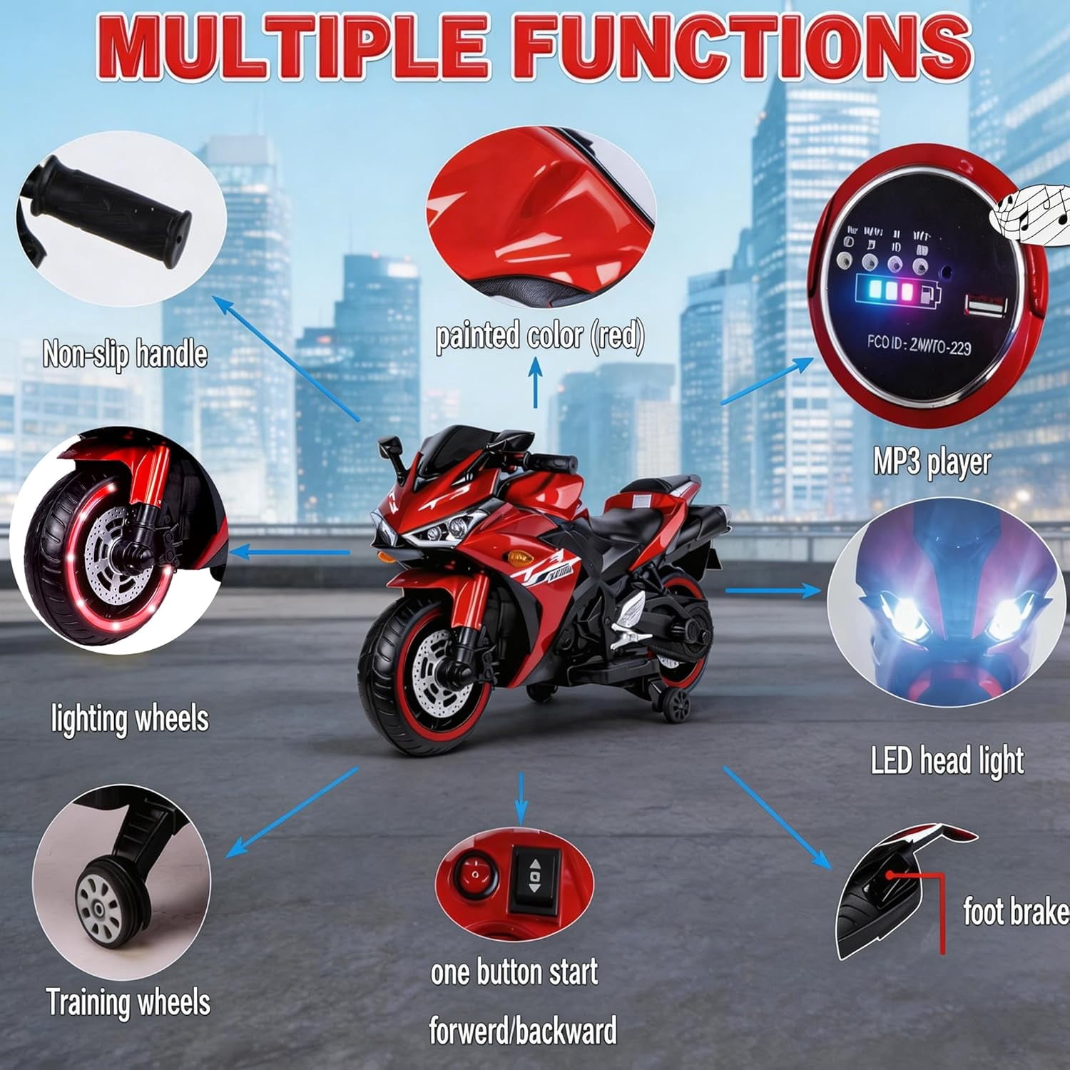 ZOGYMOZ Kid Motorcycle,12V Kids Electric Motorcycle with Training Wheels,Ride On Motorbike, Speed by Hand, Music Function, Max Load 88LB (Red)
