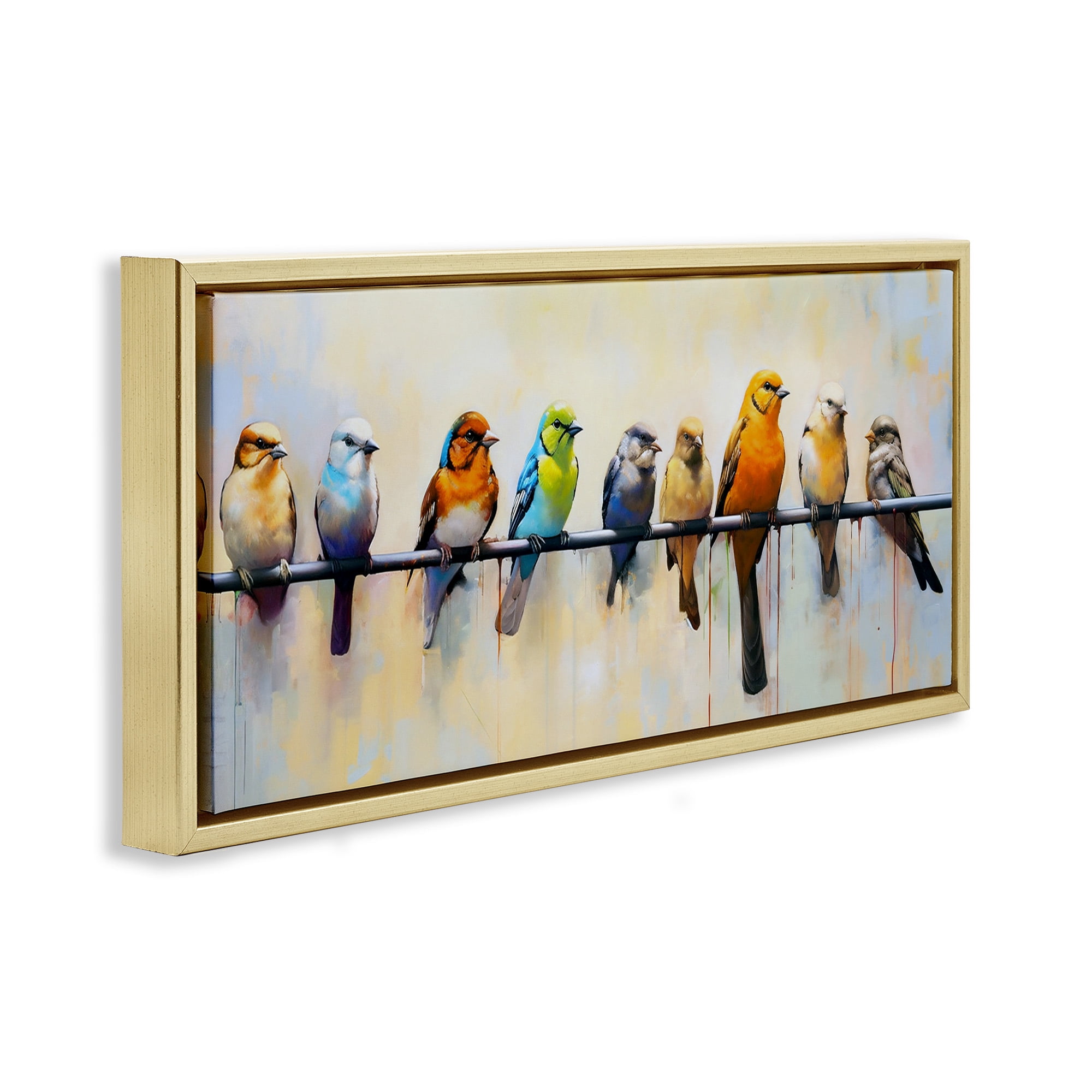 Stupell Industries Modern Birds Perched Animals & Insects Painting Gold Floater Framed Canvas Art Print Wall Art, 31 x 14