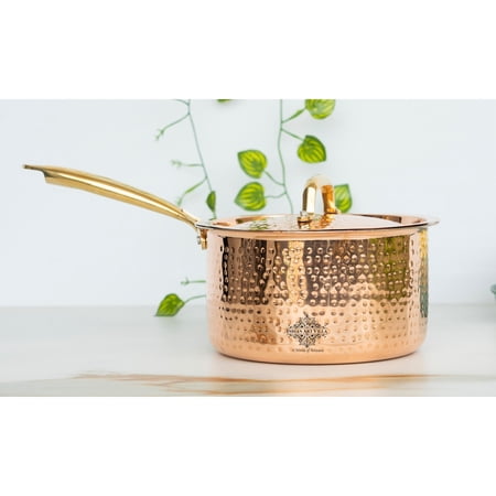 Indian Art Villa Handcrafted Steel Copper Sauce Pan with Lid (4 Inch Height x 8 Inch Diameter), Brown, 77.7 oz, Cookware for Frying & Searing, 4*8" Inches