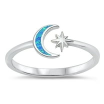 CHOOSE YOUR COLOR Blue Simulated Opal Moon Star Adjustable Ring .925 Sterling Silver Band CZ Female Size 10
