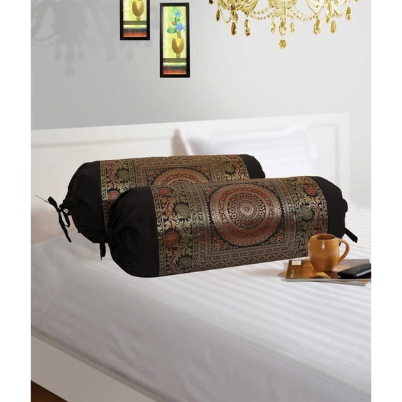 Stylo Culture Ethnic Polydupion Cylindrical Tube Pillow Bolster Pillow Covers Black Jacquard Brocade Border Mandala Large Couch Round Cylinder Cushion Covers (Set of 2) | 30x15 Inches (76x38 cm)