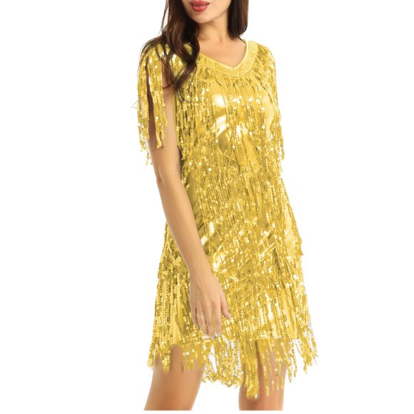 iefiel Women's Sequins Tassels Wrap Fringe Samba Rumba Latin Dance Costume Cocktail Party Dresses Gold L