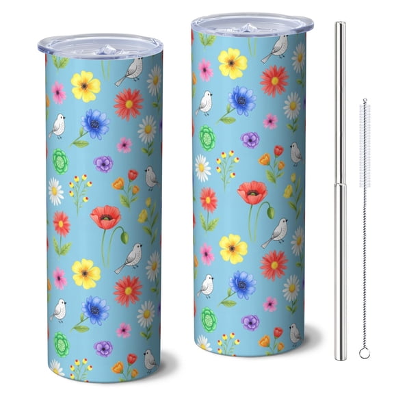 Pioneer Flower Floral Print Pattern 20oz Skinny Tumbler with Straw & Lid, Double Wall Vacuum Insulated Cup, Leak-Proof, Cup Holder Friendly, Hot 6H Cold 12H