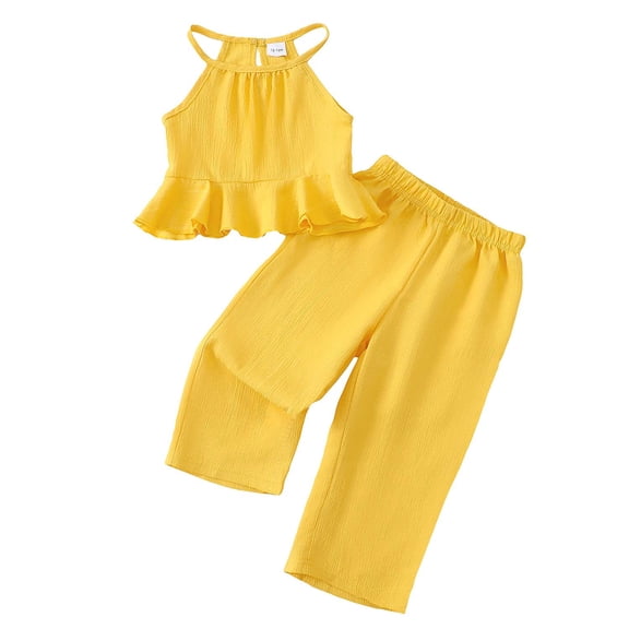 KIMI BEAR 2T Toddler Girls Outfit Set 3T Child Girl Clothes Halter Ruffle Sleeveless Top Off-the-shoulder Tops Wide Leg Pants 2pcs Clothing Yellow